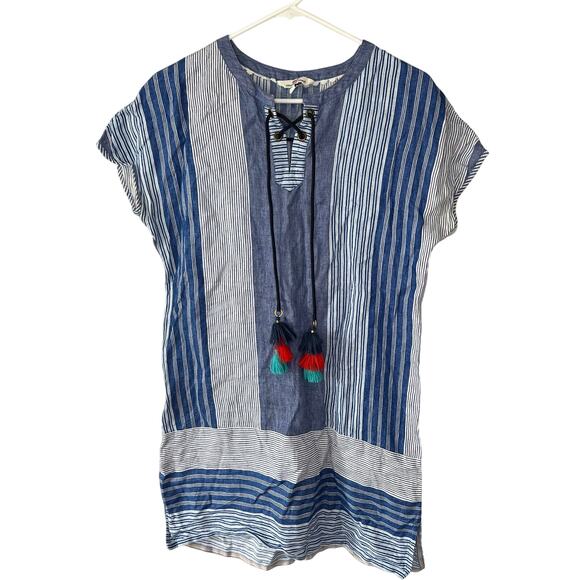 Vineyard Vines Blue Linen Stripe Tassel Boho Shift Dress Swim Cover 4 Preppy - Picture 1 of 5